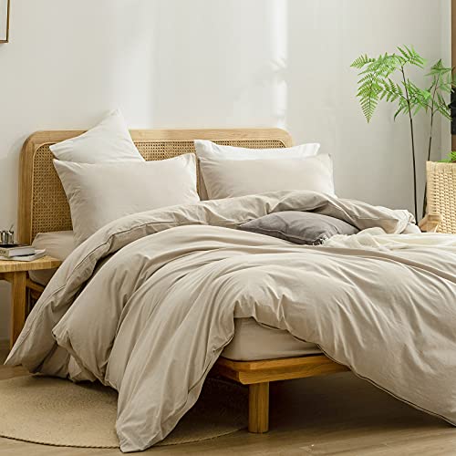 BESTOUCH Duvet Cover Set 100% Washed Cotton Linen Feel Super Soft Comfortable Chic Lightweight 2 PCs Home Bedding Set Solid Almond Milk Grey Twin/Twin XL - Image 4