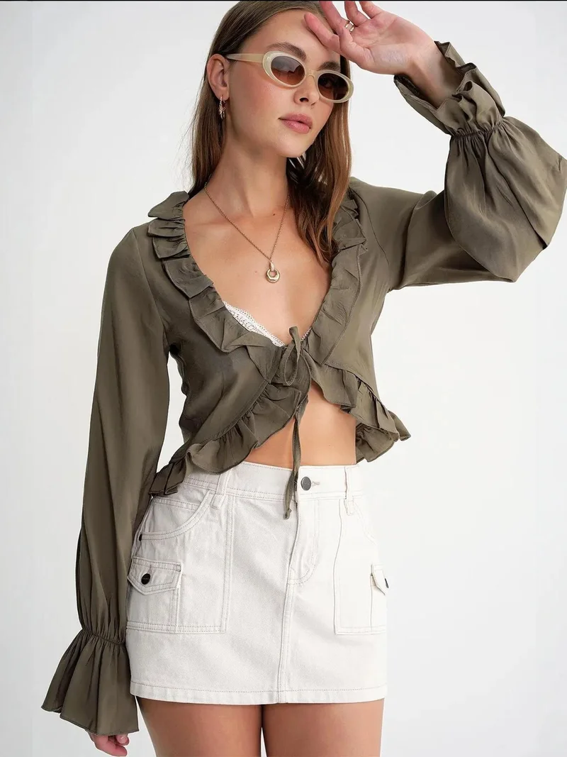 MixRay Mixray Frilly V-Neck Long Sleeve Crop Blouse