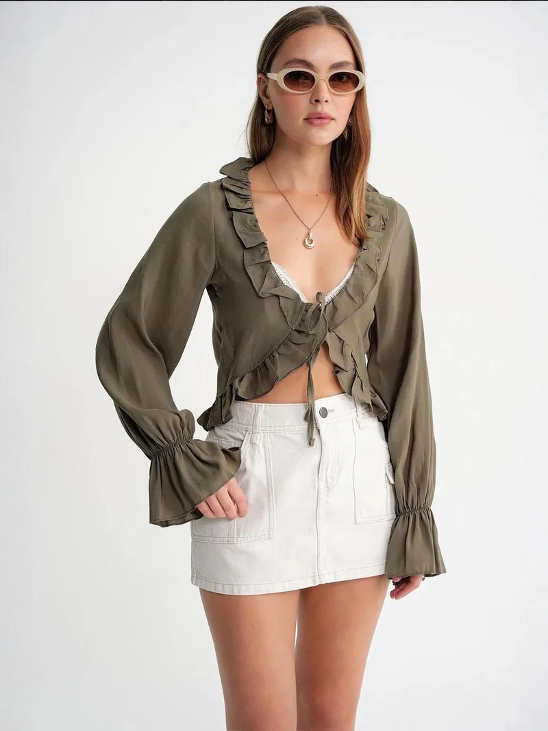 MixRay Mixray Frilly V-Neck Long Sleeve Crop Blouse