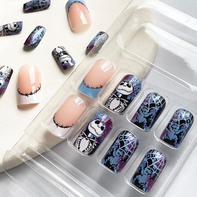 WULIUFLY Gulf climate fit Halloween Press on Nails Short Square Fake Nails French Skulls False Nails Full Cover Acrylic Nails Blue Purple Cobwebs Deigns Artificial Nails Halloween Nails Glossy Glue on Nails for Women 24Pcs Natural material - Image 4