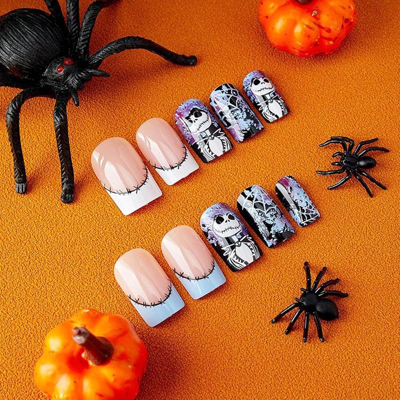 WULIUFLY Gulf climate fit Halloween Press on Nails Short Square Fake Nails French Skulls False Nails Full Cover Acrylic Nails Blue Purple Cobwebs Deigns Artificial Nails Halloween Nails Glossy Glue on Nails for Women 24Pcs Natural material - Image 2
