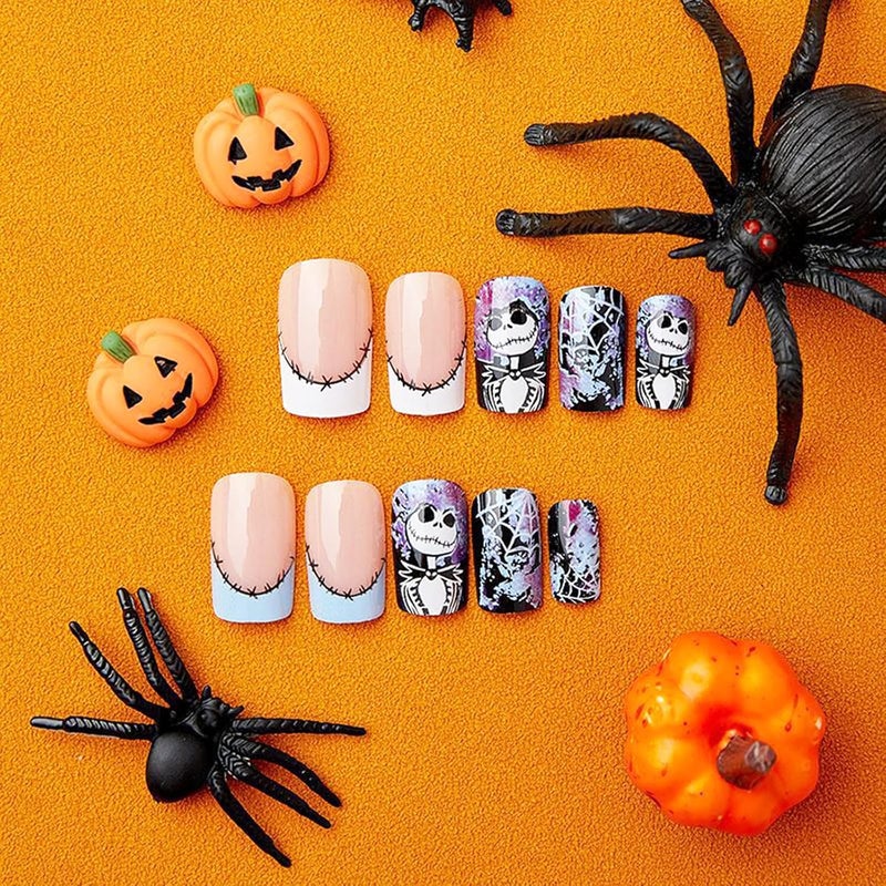 WULIUFLY Gulf climate fit Halloween Press on Nails Short Square Fake Nails French Skulls False Nails Full Cover Acrylic Nails Blue Purple Cobwebs Deigns Artificial Nails Halloween Nails Glossy Glue on Nails for Women 24Pcs Natural material - Image 3