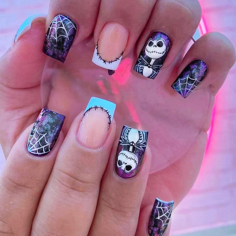 WULIUFLY Gulf climate fit Halloween Press on Nails Short Square Fake Nails French Skulls False Nails Full Cover Acrylic Nails Blue Purple Cobwebs Deigns Artificial Nails Halloween Nails Glossy Glue on Nails for Women 24Pcs Natural material - Image 1