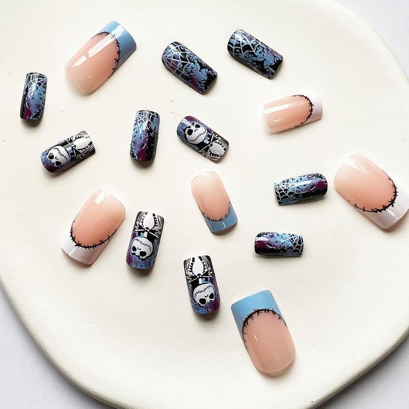 WULIUFLY Gulf climate fit Halloween Press on Nails Short Square Fake Nails French Skulls False Nails Full Cover Acrylic Nails Blue Purple Cobwebs Deigns Artificial Nails Halloween Nails Glossy Glue on Nails for Women 24Pcs Natural material - Image 5