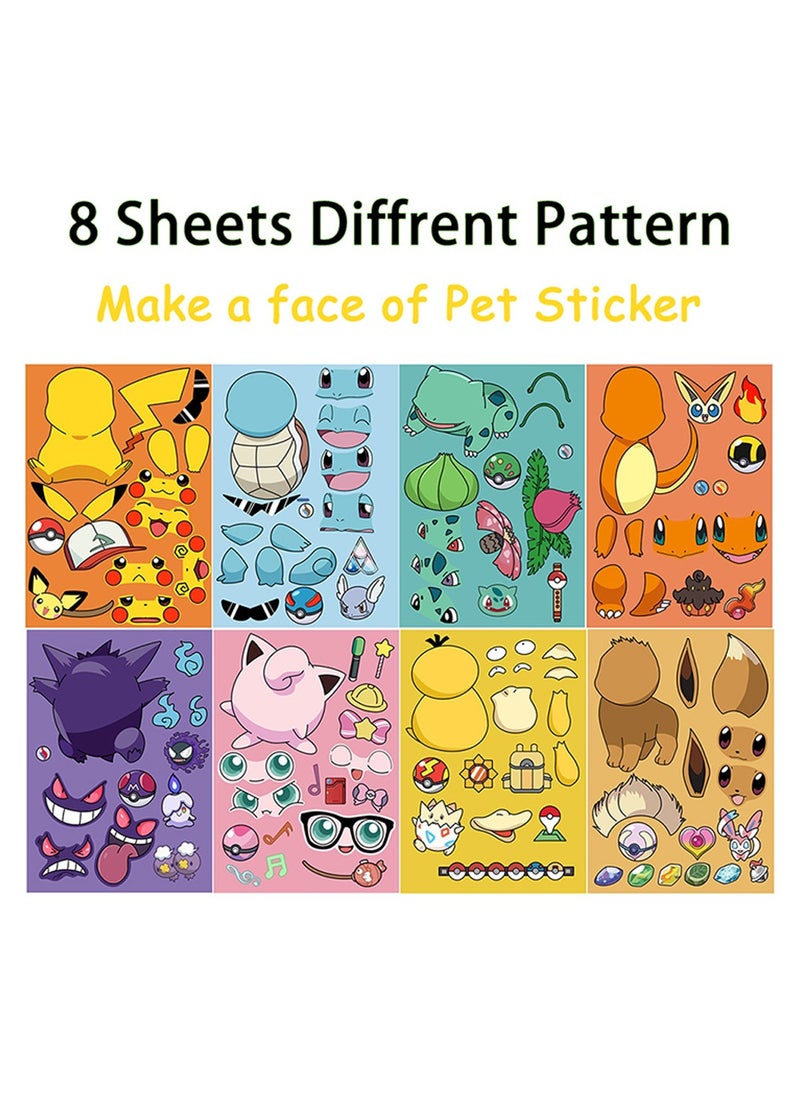 Generic - 8 Sheets/Set Pokemon Stickers Make a Face Puzzle Stickers Waterproof Pikachu Stickers DIY Craft for Kids - Image 1