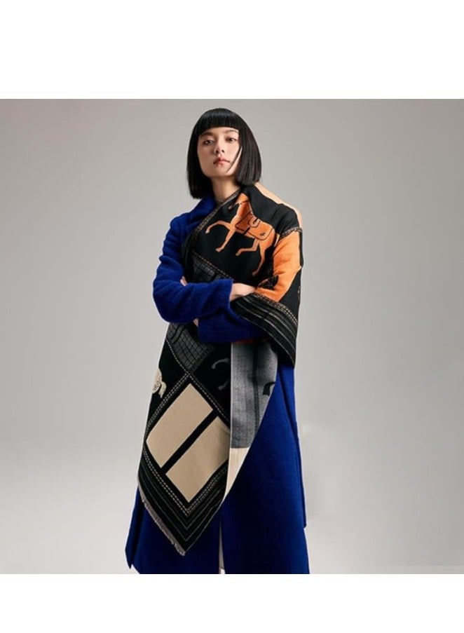 وشاح نسائي شتوي من الباشمينا والكشمير بنمط حصان عتيق قابل للعكس مع شرابة – شال طويل أنيق ودافئ متعدد الاستخدامات - Image 3