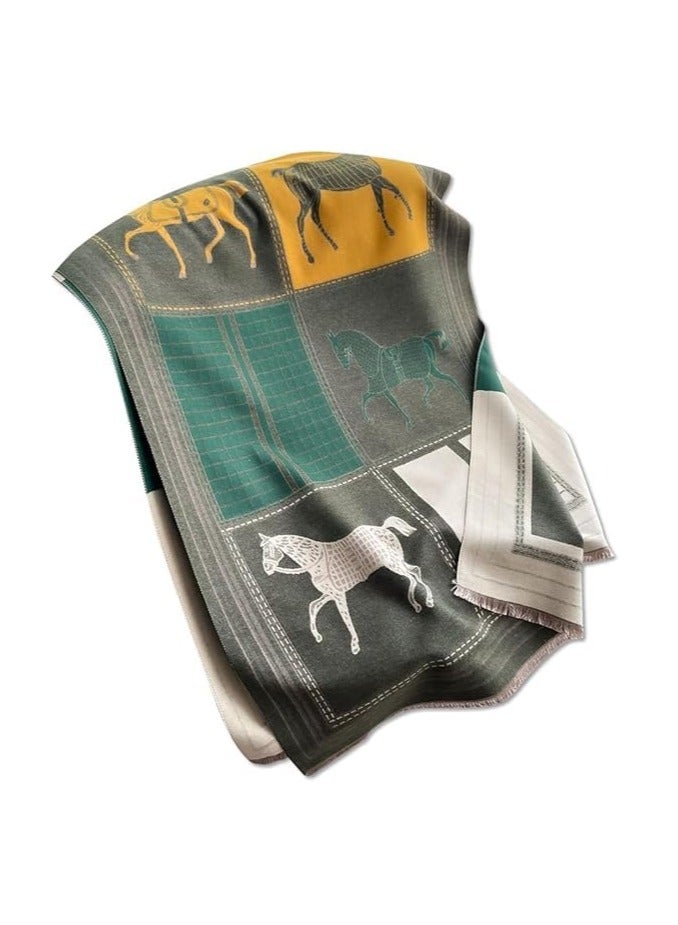 وشاح نسائي شتوي من الباشمينا والكشمير بنمط حصان عتيق قابل للعكس مع شرابة – شال طويل أنيق ودافئ متعدد الاستخدامات - Image 1