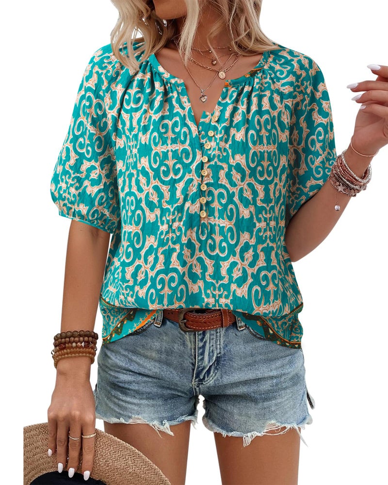 Unixseque Womens Summer Tops V Neck Short Sleeve Blouses Casual Button Down Shirts Floral Boho Clothing Trendy 2025 Blue Green XL - Image 1