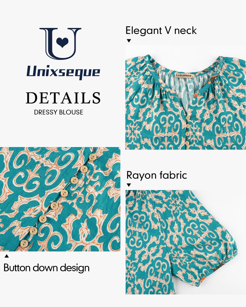 Unixseque Womens Summer Tops V Neck Short Sleeve Blouses Casual Button Down Shirts Floral Boho Clothing Trendy 2025 Blue Green XL - Image 4
