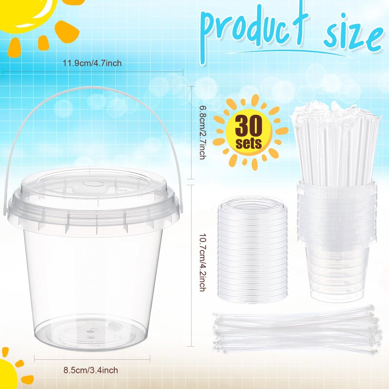 Funnymoom 30 Set Clear Plastic Cups 24 oz Ice Cream Buckets with Lids and Straws Disposable Drink Cups Cocktail Pails with Handles for Outdoor Holiday Travel Beach Birthday Pool Party Supplies - Image 1