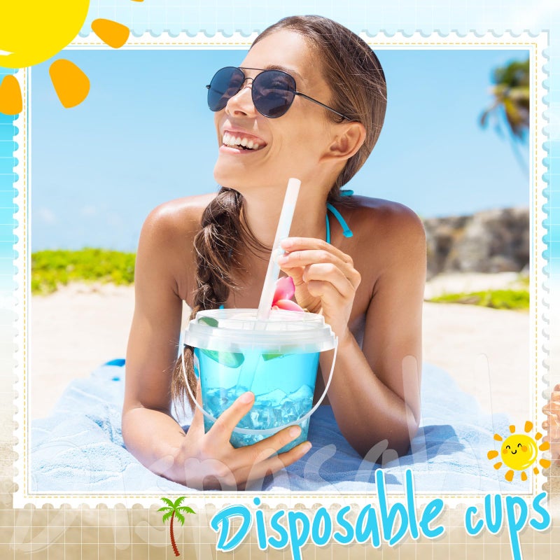 Funnymoom 30 Set Clear Plastic Cups 24 oz Ice Cream Buckets with Lids and Straws Disposable Drink Cups Cocktail Pails with Handles for Outdoor Holiday Travel Beach Birthday Pool Party Supplies - Image 2