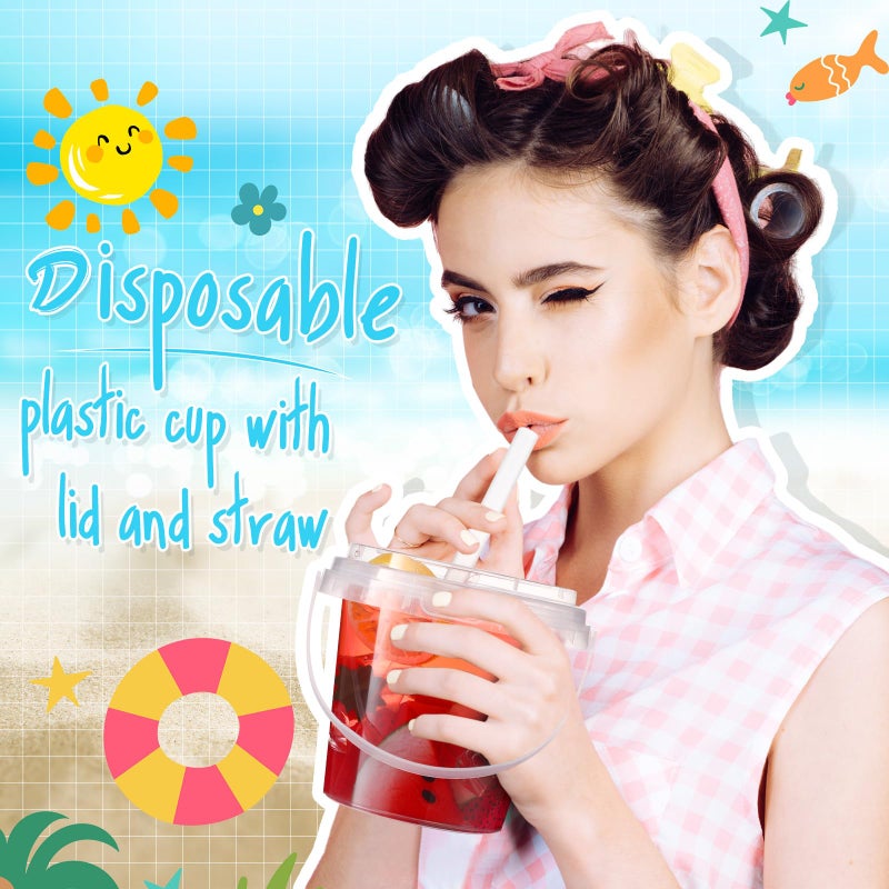 Funnymoom 30 Set Clear Plastic Cups 24 oz Ice Cream Buckets with Lids and Straws Disposable Drink Cups Cocktail Pails with Handles for Outdoor Holiday Travel Beach Birthday Pool Party Supplies - Image 3