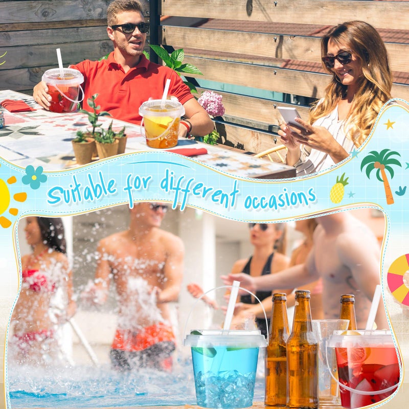 Funnymoom 30 Set Clear Plastic Cups 24 oz Ice Cream Buckets with Lids and Straws Disposable Drink Cups Cocktail Pails with Handles for Outdoor Holiday Travel Beach Birthday Pool Party Supplies - Image 4