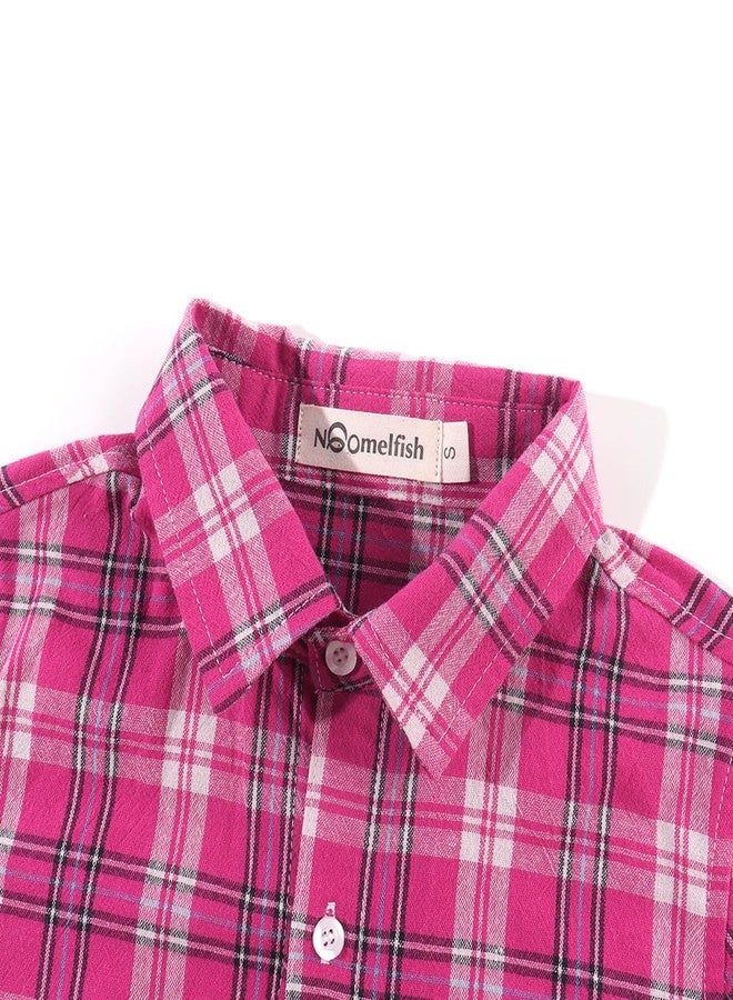 Noomelfish Girls Long Sleeve Plaid Button Down Shirt Tie Front Blouse Tops, Hot Pink Plaid, Size 5-6 Years, Hot Pink Plaid, 5-6 Years - Image 5