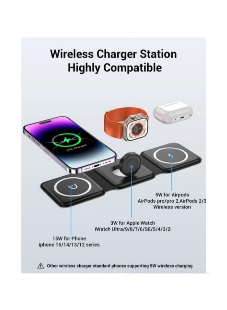 3 in 1 Wireless Charger Magnetic Foldable Charging Station Fast Wireless Charging Pad (BLACK)  - Image 2