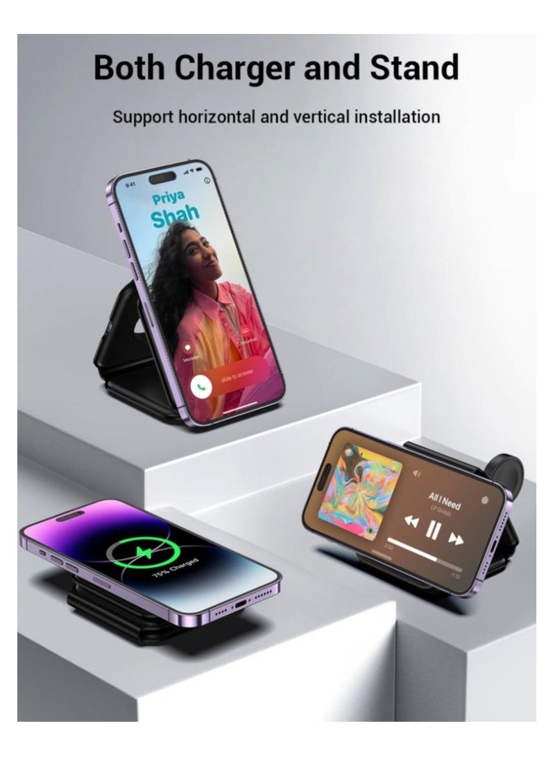 3 in 1 Wireless Charger Magnetic Foldable Charging Station Fast Wireless Charging Pad (BLACK)  - Image 3