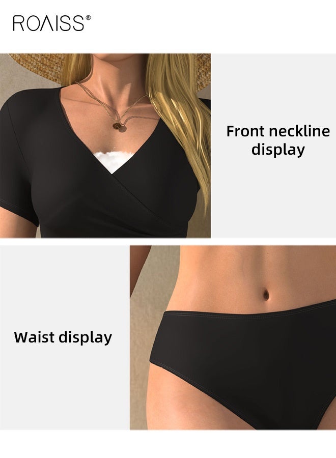 roaiss Women's V-Neck Short-Sleeved Bikini Swimsuit Nylon High-Elasticity Comfortable Breathable Stretchy Tight-Fitting Backless Two-Piece Swimsuit Set Black - Image 4