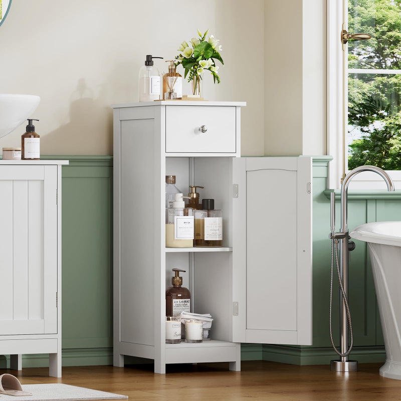Iwell Bathroom Floor Cabinet, Small Bathroom Storage Cabinet with Drawer & Storage Shelf, Free-Standing Organizer Cabinets for Hallway/Living Room, White - Image 2