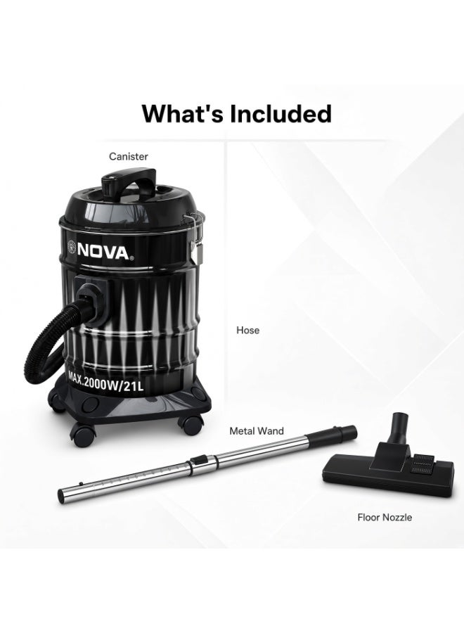 Nova NVC-801HP 21L 2000W Metal Drum Vacuum Cleaner, Powerful Turbo Suction 2-in-1 Dry Vacuum & Blower, Telescopic Metal Tube, Heavy Duty Cleaning Machine for Home, Office, Garage & Workshop - Image 2