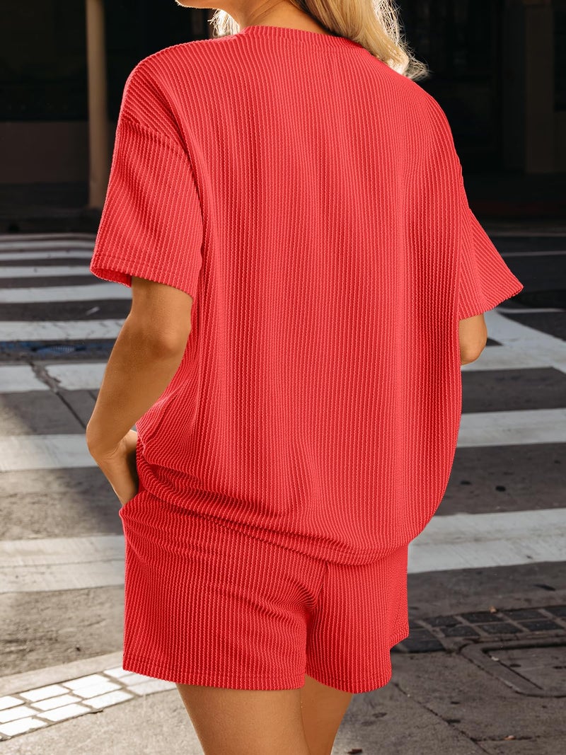 LILLUSORY Womens 2 Piece Short Set Summer Lounge 2026 Travel Vacation Beach Cruise Matching Outfit Ribbed Loungewear Orange M - Image 4