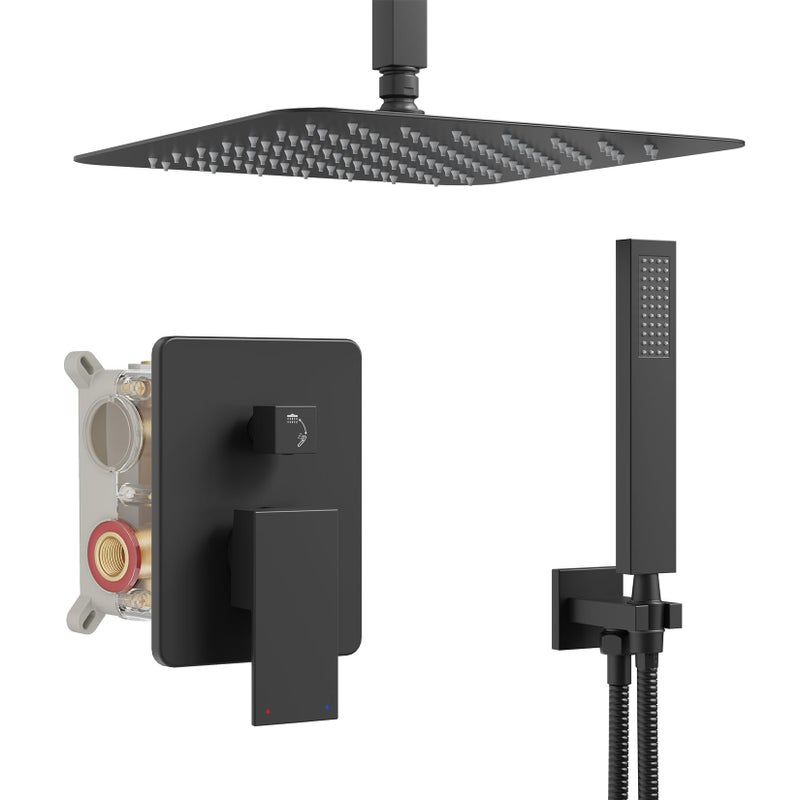 HoliSpa Ceiling Mount Shower Faucet Set, Black Shower System with 10-Inch Rain Showerhead and Handheld Spray Combo, High-Pressure Showerheads Set with Valve and Trim Kit, Matte Black - Image 1