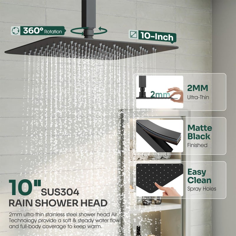 HoliSpa Ceiling Mount Shower Faucet Set, Black Shower System with 10-Inch Rain Showerhead and Handheld Spray Combo, High-Pressure Showerheads Set with Valve and Trim Kit, Matte Black - Image 3
