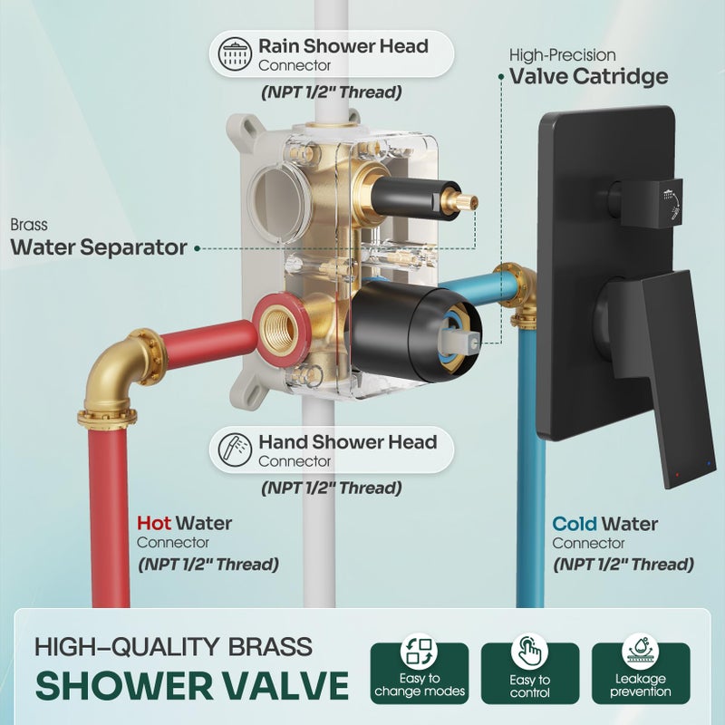 HoliSpa Ceiling Mount Shower Faucet Set, Black Shower System with 10-Inch Rain Showerhead and Handheld Spray Combo, High-Pressure Showerheads Set with Valve and Trim Kit, Matte Black - Image 5