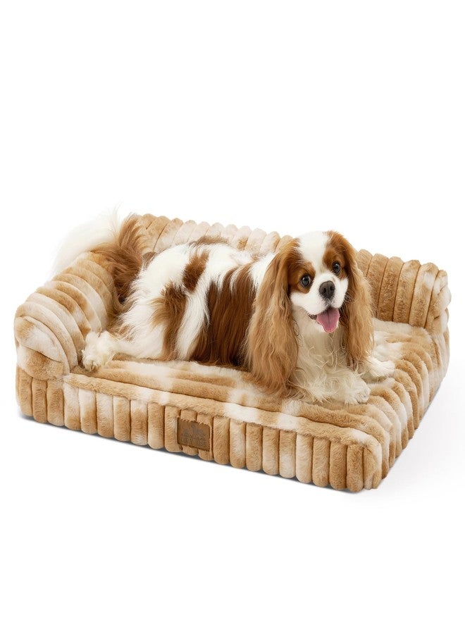 COZY KISS Cute Dog Bed, Faux Rabbit Fur Orthopedic Foam Dog Bed with Sides, Removable Washable Cover & Waterproof Lining, Comfortable Pet Couch for Small Dogs, Tie-Dye Brown (30" L x 20" W x 6" Th)