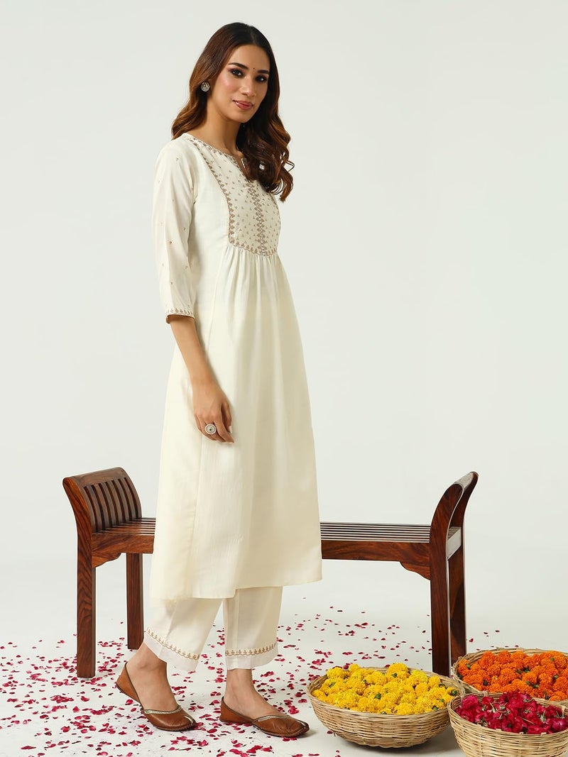 FIORRA Women's Off White Silk Blend Nayra Cut Kurta and Pant with Embroidered Dupatta SET0158 - Image 2
