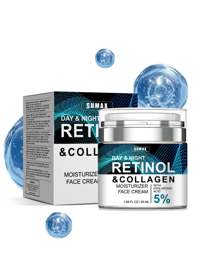 سوماكس كريم الوجه الريتينول المضاد للشيخوخة ، مرطب بالكولاجين وحمض الهيالورونيك وفيتامين E - شد وترطيب وتنعيم الخطوط الدقيقة - كريم النهار والليل للنساء والرجال ، 1.7 أونصة - Image 1