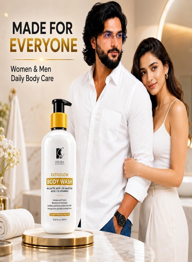 SNEIRA EXFOGLOW Body Wash 300 ml, 4% Lactic Acid, 2% Salicylic Acid, 1% Vitamin E, Prevents Body Acne, Bumpy skin Paraben & SLS Free, Exfoliating Shower Gel for All Skin Types Dry, Rough, Women & Men - Image 2