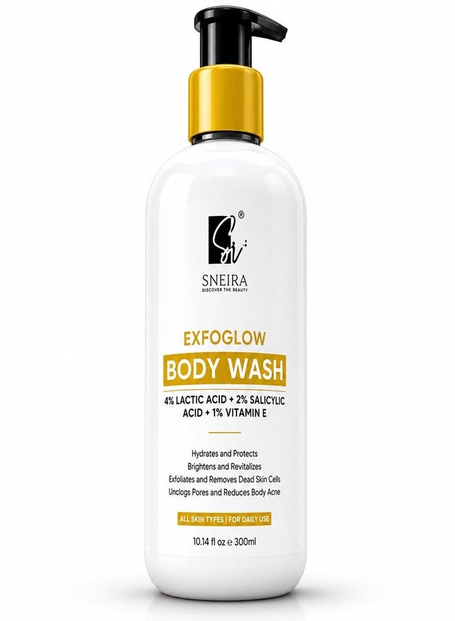 SNEIRA EXFOGLOW Body Wash 300 ml, 4% Lactic Acid, 2% Salicylic Acid, 1% Vitamin E, Prevents Body Acne, Bumpy skin Paraben & SLS Free, Exfoliating Shower Gel for All Skin Types Dry, Rough, Women & Men - Image 1