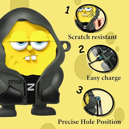 Meyaar Silicone Case for Apple Airpods 4 (2024) Cute Design for AirPods 4 with Active Noise Cancellation (ANC) with Keychain Shockproof Protective Case (Spnge-Bob (Yellow)) - Image 3