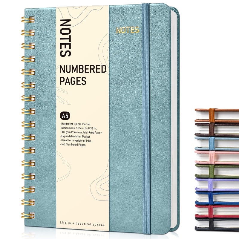 PAPEJOON Lined Spiral Journal Notebook, A5 Hardcover Spiral Journals for Women Men, 150 Numbered Pages Spiral Bound Notebook, 100 GSM College Ruled Notebooks for Writing Note Taking 5.75" x 8.38", Misty Blue - Image 1