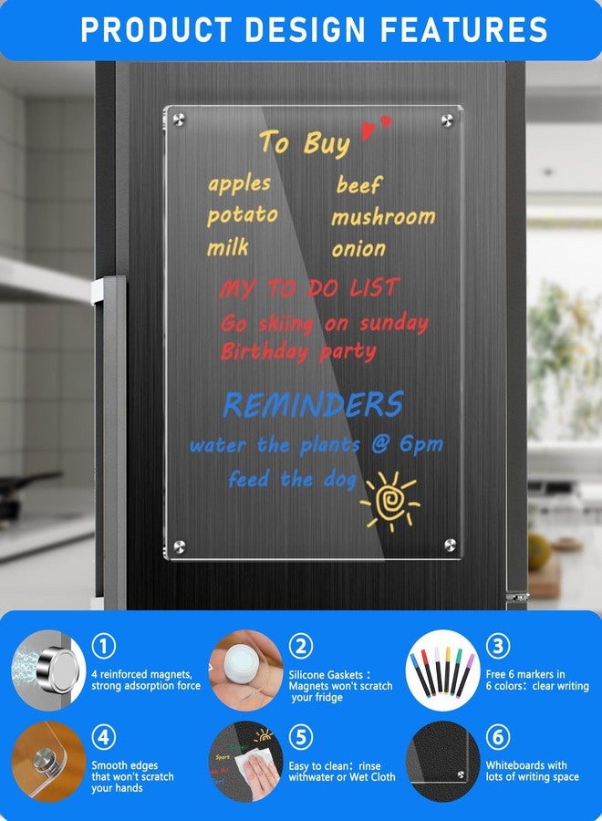bamandan Clear Acrylic Magnetic Dry Erase Board for Fridge,12"x8" Magnetic Whiteboard for Fridge, Magnet Weekly Planner Calendar for Refrigerator Includes 6 Colors Markers - Image 3