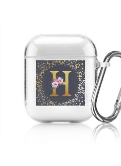Classic Clear printed Case for Apple Airpods 2 / 1 Soft TPU Gel Thin Transparent Flexible Cover - Custom Monogram Initial Letter Floral Pattern Alphabet - H (Grey )