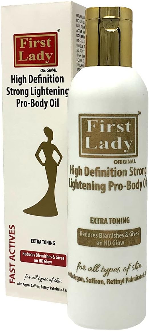 First Lady Premium High Definition Strong Skin Brightening Pro Body Oil 200ml with argan oil saffron AHA for glowy tone skin