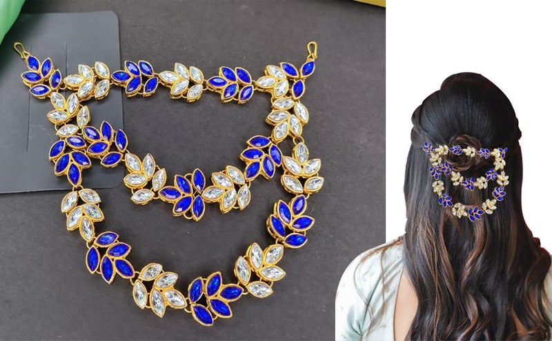 Imaashi Rhinestone Kundan Work Wedding Tiara Headband Bridal Headpiece Hair Chain for Party Hair Accessories for Girls Women (White & Blue) - Image 5