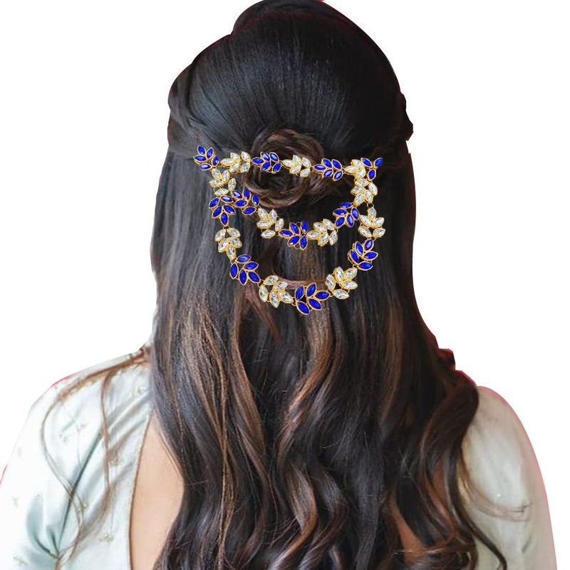 Imaashi Rhinestone Kundan Work Wedding Tiara Headband Bridal Headpiece Hair Chain for Party Hair Accessories for Girls Women (White & Blue) - Image 1