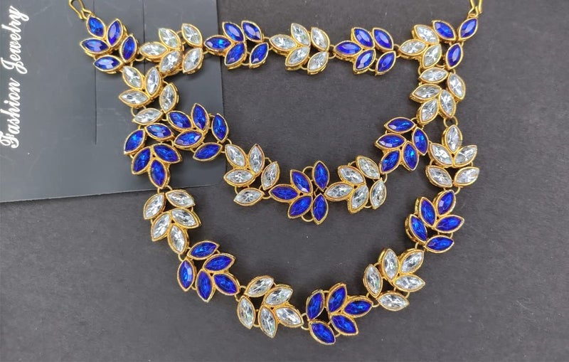 Imaashi Rhinestone Kundan Work Wedding Tiara Headband Bridal Headpiece Hair Chain for Party Hair Accessories for Girls Women (White & Blue) - Image 4