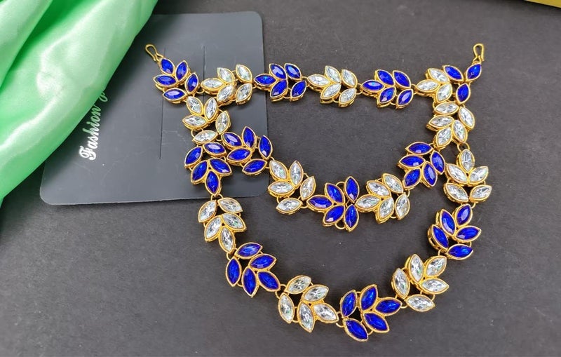 Imaashi Rhinestone Kundan Work Wedding Tiara Headband Bridal Headpiece Hair Chain for Party Hair Accessories for Girls Women (White & Blue) - Image 2