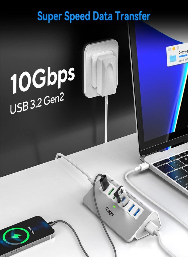 intpw Powered USB 3.2 Hub 10Gbps,7 Port USB Data Hub USB Splitter with 4 USB 3.2 Gen2 Data Ports,3 Fast Charging Ports,30W Power Adapter,Type A & C Cable, Aluminum Powered USB C Hub for Computer,PC,Laptop - Image 2