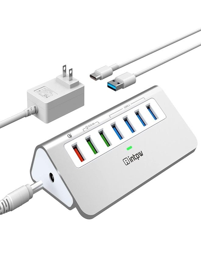 intpw Powered USB 3.2 Hub 10Gbps,7 Port USB Data Hub USB Splitter with 4 USB 3.2 Gen2 Data Ports,3 Fast Charging Ports,30W Power Adapter,Type A & C Cable, Aluminum Powered USB C Hub for Computer,PC,Laptop - Image 1