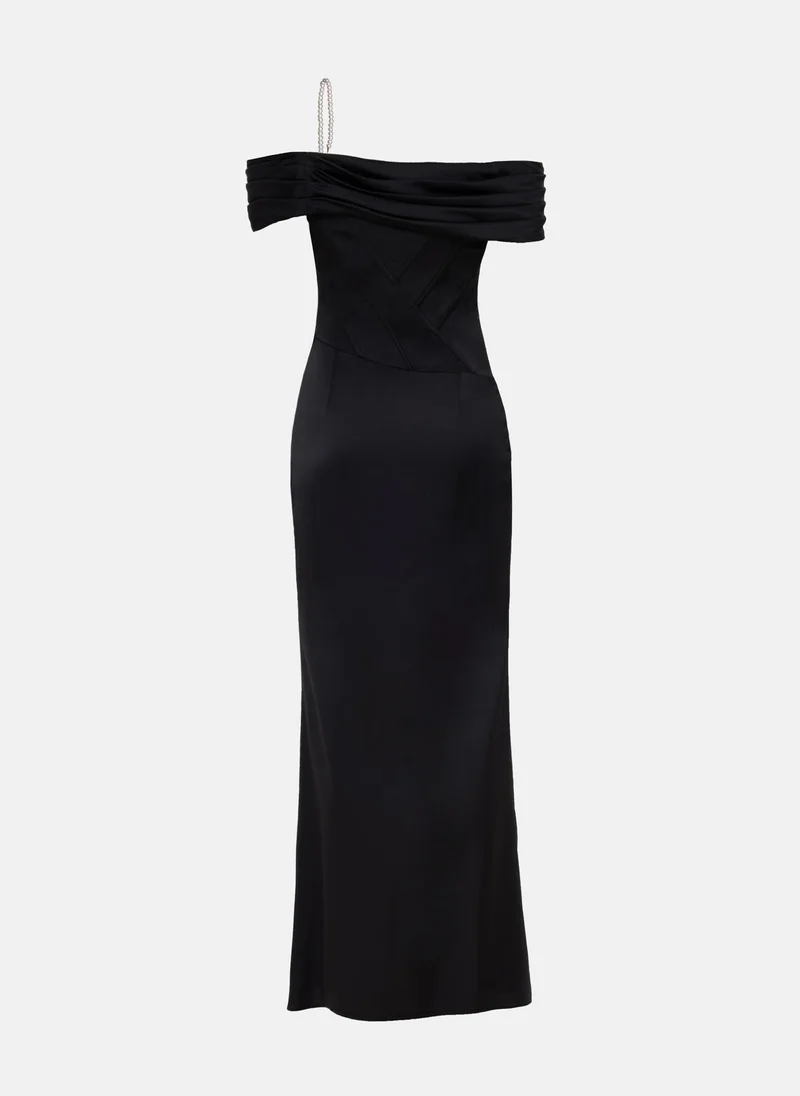 Lichi Satin maxi dress with open shoulders and diagonal boning on the bodice
