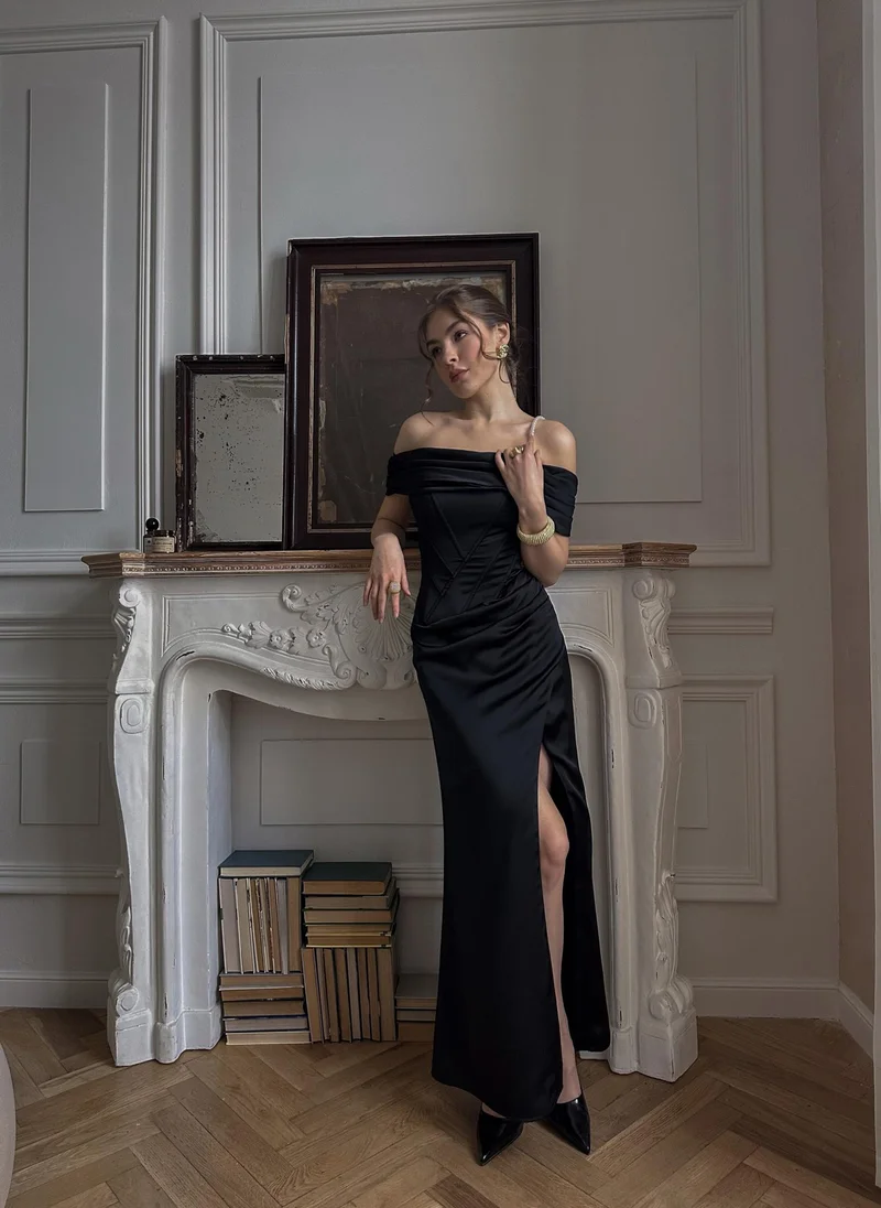 Lichi Satin maxi dress with open shoulders and diagonal boning on the bodice