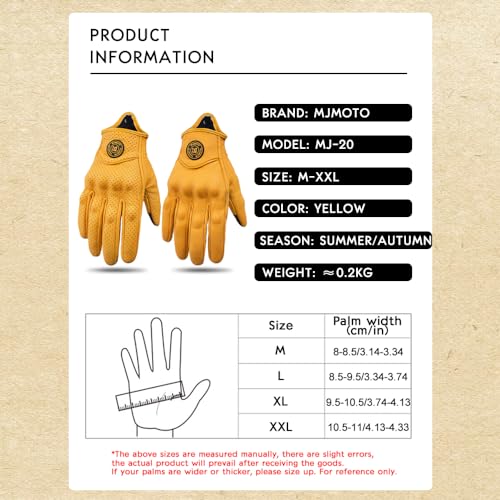 mjmoto Men's Classic Goat Leather Motorcycle Gloves, Hard Knuckle Vintage Riding Gear (Yellow, XX-Large) - Image 5