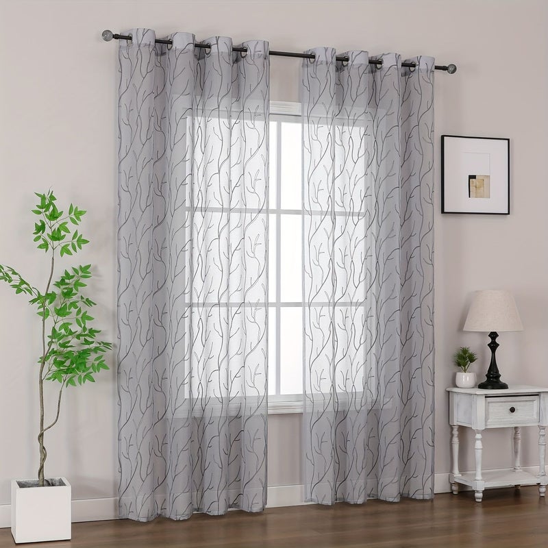 2pcs Bohemian Style Floral Sheer Curtains Grey Polyester Window Decor - Image 3