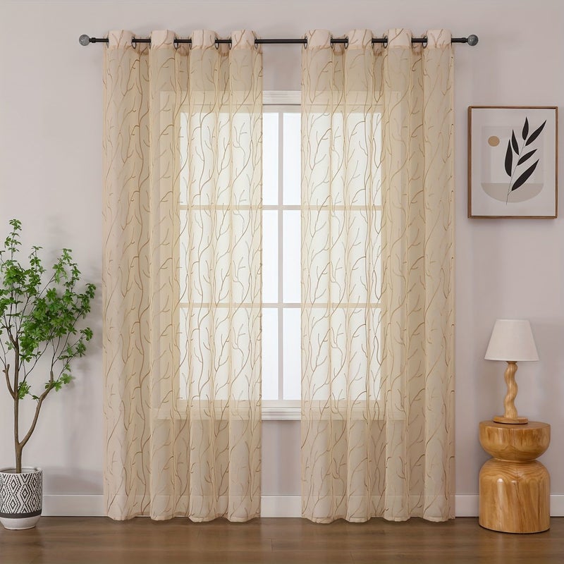 2pcs Bohemian Style Floral Sheer Curtains Grey Polyester Window Decor - Image 1