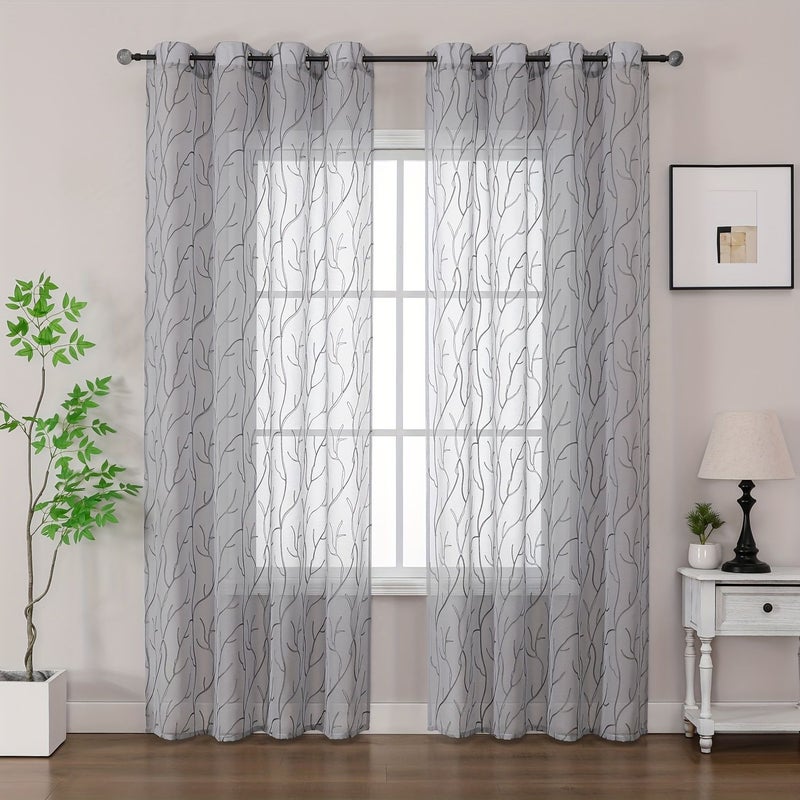 2pcs Bohemian Style Floral Sheer Curtains Grey Polyester Window Decor - Image 5