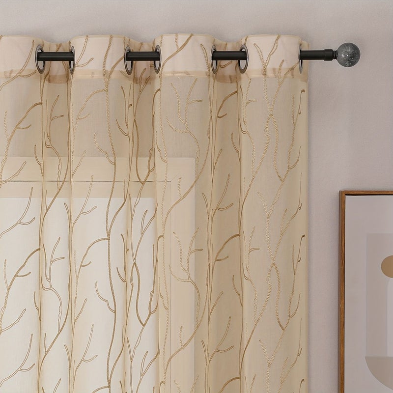 2pcs Bohemian Style Floral Sheer Curtains Grey Polyester Window Decor - Image 4